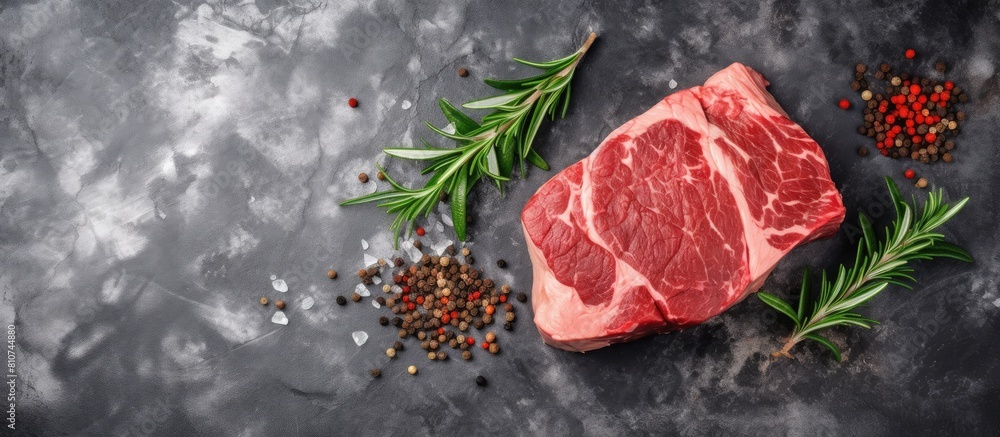 Poster top view of a dry aged fillet mignon beef steak with herbs on a gray background showcasing the raw m