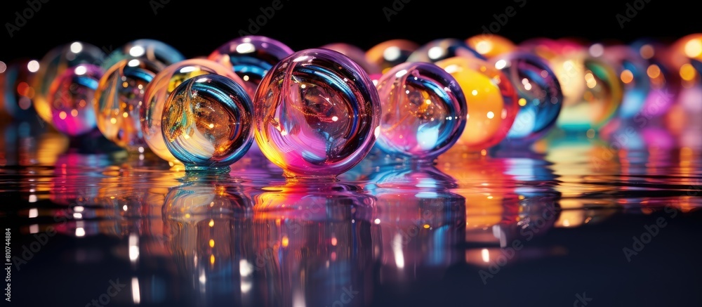 Poster a vibrant and celebratory composition consisting of illuminated ribbons and transparent orbs reflect