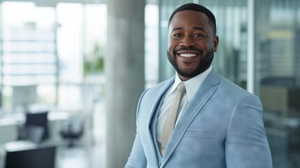 Fototapeta premium Confident professional: smiling businessman in light blue suit poses in modern office setting