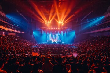 A diverse crowd of people at a concert venue, lively and immersed in the music, illuminated by bright lights from the colorful stage