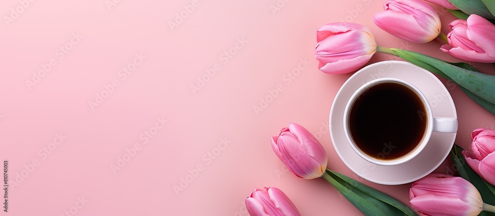 Poster A top view of a pink background featuring a cup of coffee adorned with a tulip creating a visually appealing image with copy space