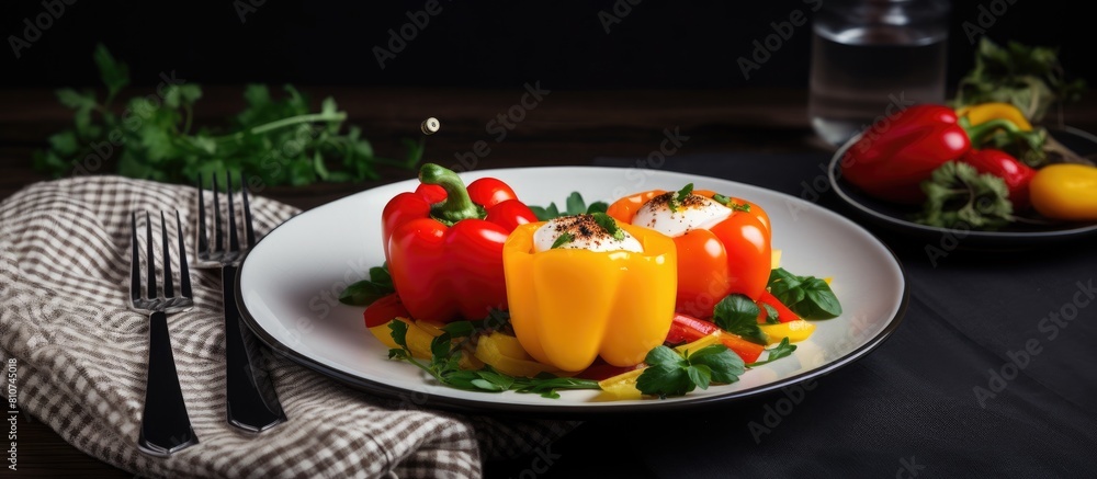 Poster copy space image of bell peppers with eggs baked inside served on plates on the table cutlery is pla