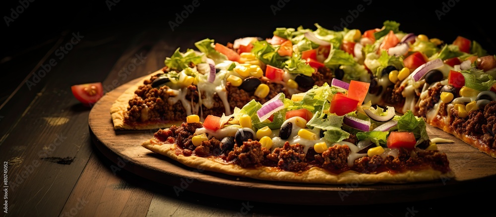 Sticker a visually appealing copy space image of a homemade mexican taco pizza with a delightful blend of na