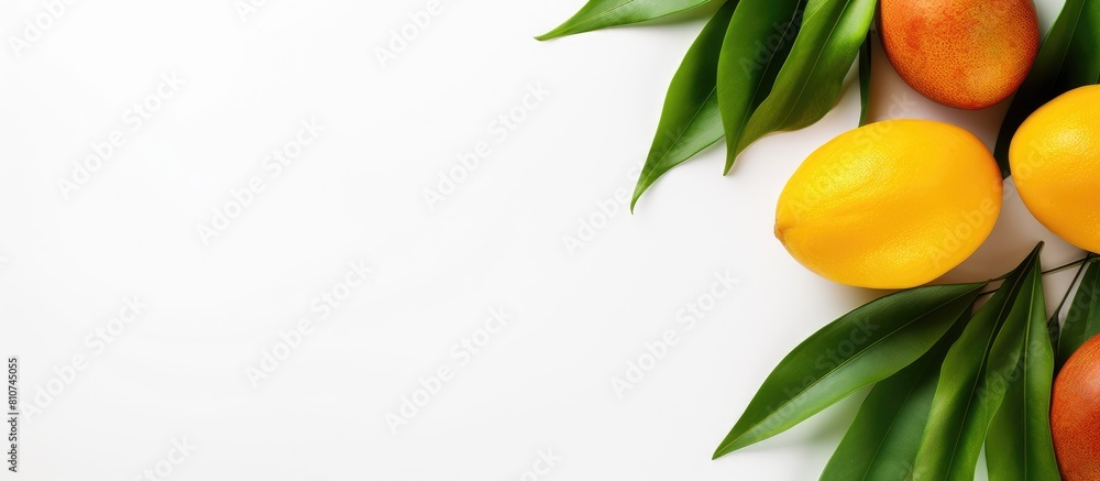 Poster a vibrant tropical fruit design concept featuring a ripe mango chopped and adorned with green leaves