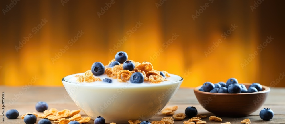 Poster closeup of a delicious and crunchy bowl of corn flakes topped with milk and blueberries displayed on