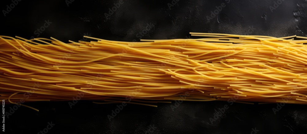 Poster A set of long yellow uncooked dried pasta is arranged on a black stone background viewed from the top with ample space for text