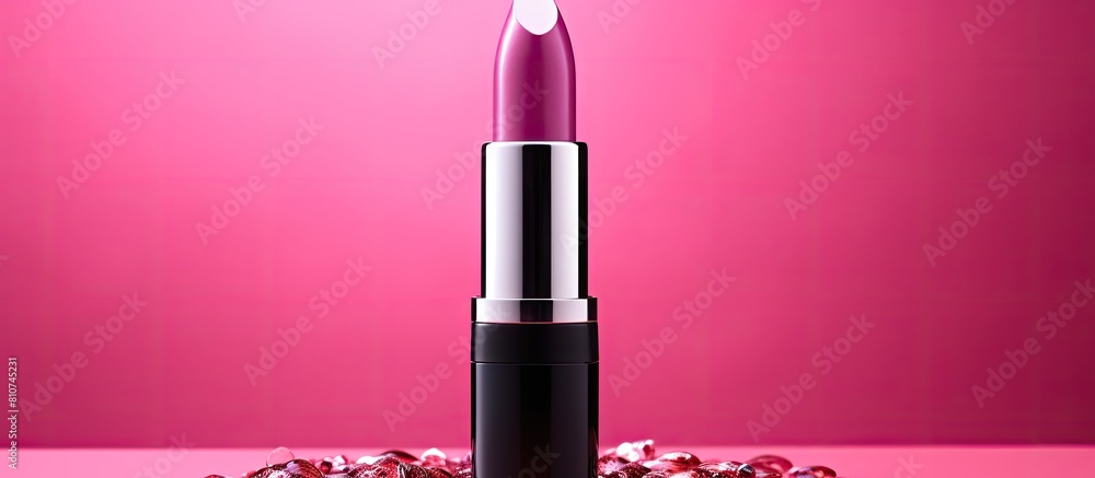 Poster a trendy lipstick showcasing its style against a vibrant pink backdrop with ample copy space for you