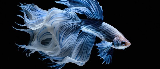 Fototapeta premium A solitary Siamese fighting fish with striking blue coloration elegantly stands out against a deep black backdrop Ample blank space surrounds the fish providing room for further customization in the