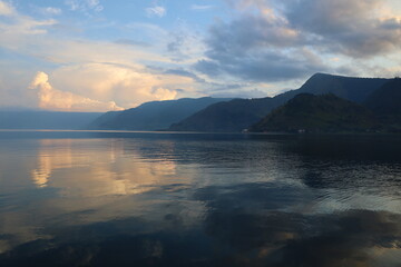 Stunning scenery of volcanic lake Toba - largest and deepest crater lake in the world located in North Sumatra, Indonesia