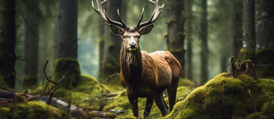 Obraz premium In the forest encounter a close up image of a wild elk in its natural habitat with ample copy space