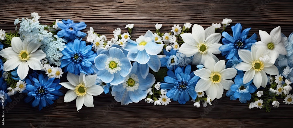 Poster a visually striking arrangement of blue and white flowers on a wooden background captured from an ov