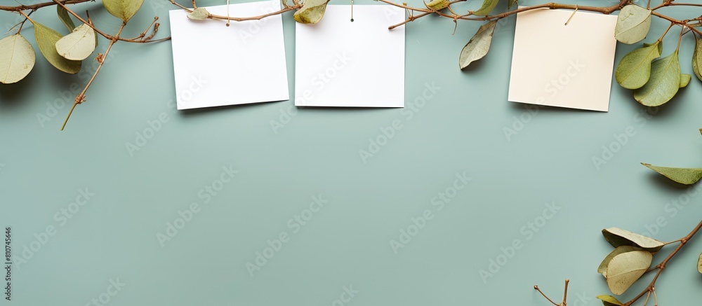 Poster Nature inspired New Year concept with a flat lay composition featuring tree branches adorned with paper card notes creating a Christmas themed background with copy space image