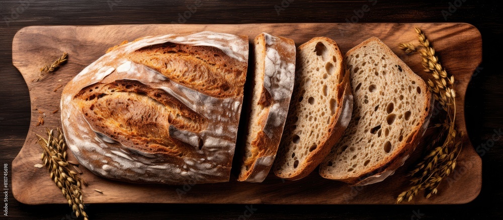 Poster a beautiful arrangement of freshly baked sliced rye bread on a wooden cutting board captured from ab