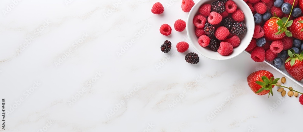 Poster a bowl filled with cereals and red berries is seen from a top perspective placed on a white marble t