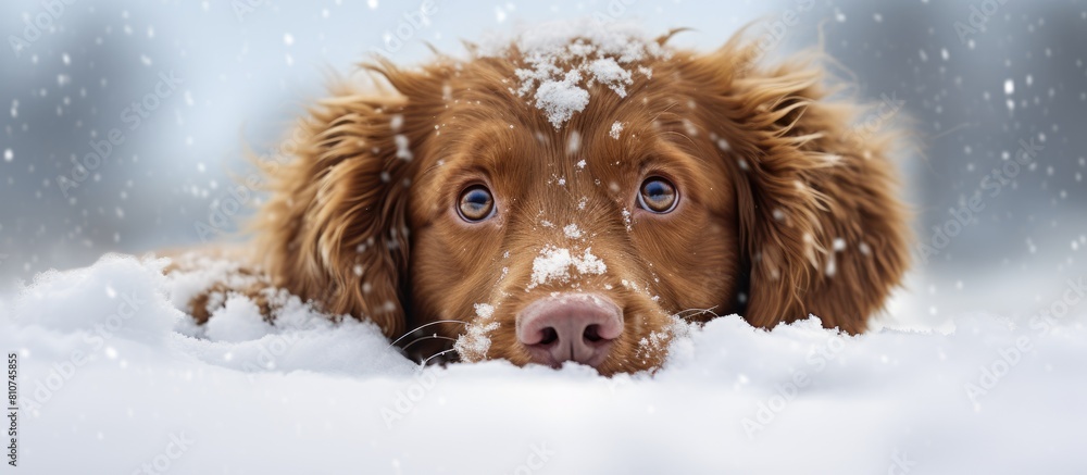 Poster A brown dog with a hilarious expression on its face covered in snow in a winter scenery with snow covered ground A perfect scene for a copy space image 167 characters