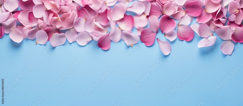 Poster a blue background adorned with pink petals creates an artistic layout the blank card offers ample co