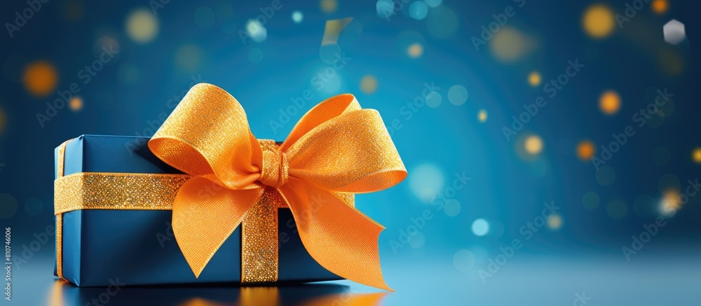 Poster festive concept with a gift adorned by a large blue bow on a blue background featuring sequins copy 