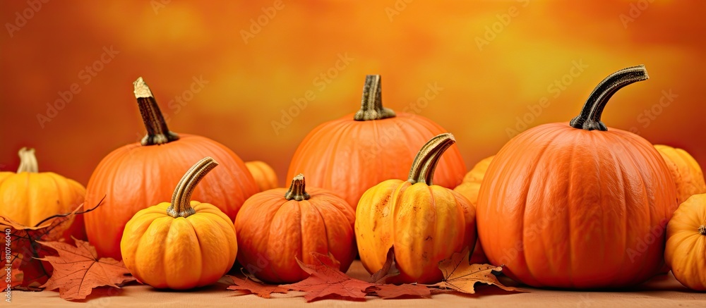 Poster a fall scene with pumpkins and colorful leaves on an orange background providing copy space for imag