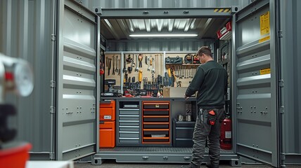 A technician in a container with a moveable workspace and an opening tool case