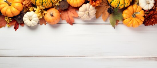 An autumn themed mockup frame with pumpkins and festive decorations for Thanksgiving Day displayed on a white wooden background providing ample copy space for images