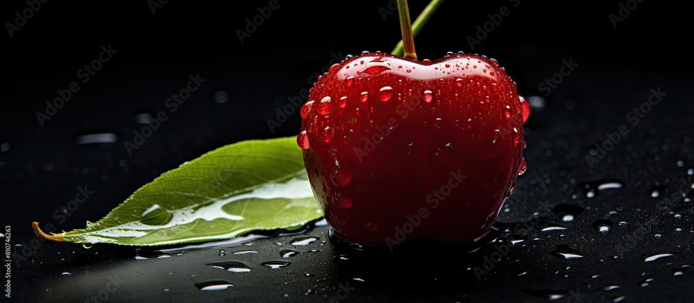 Poster A copy space image of a cherry with dew drops placed on a black tabletop