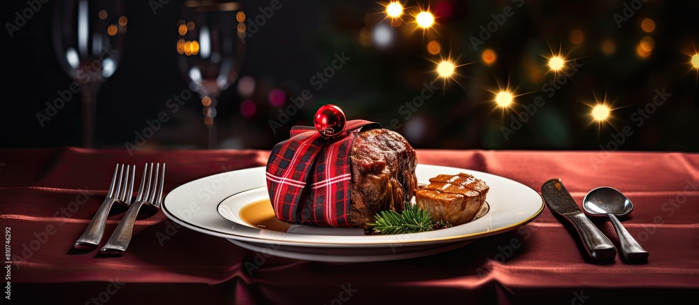 Aufkleber a festive christmas menu showcased with xmas decorations set against dark plates and accompanied by 