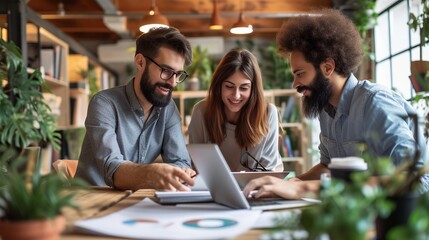 Energetic team of young entrepreneurs collaborating on innovative startup project in modern co-working space