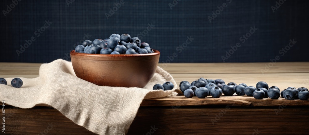 Poster A rustic country table showcases a captivating image of a blueberry nestled in a bowl leaving ample copy space for creative use