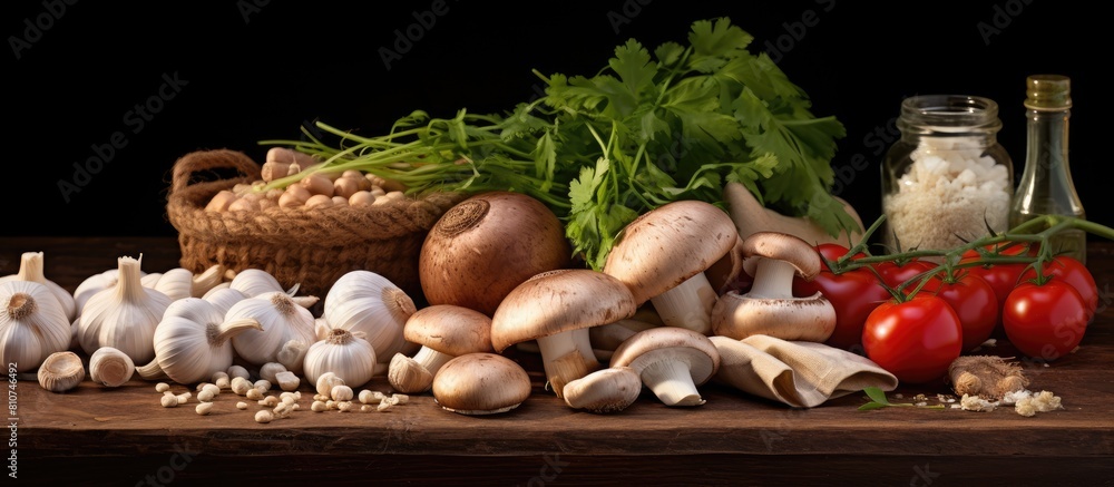 Aufkleber A closeup top view of a table displaying a set of raw ingredients for Italian cooking The assortment includes garlic pasta mushrooms and eggs creating a visually appealing and appetizing copy space i