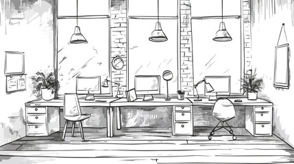 Four of hand drawn coworking. Modern office interiors
