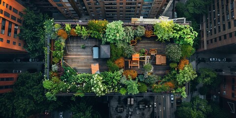 Aerial view of a rooftop garden on top of a building in the city