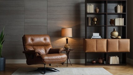 A living room with a bookcase, a lamp, and an ottoman made of brown leather