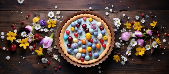 Easter tart decorated with eggs peppercorns and flowers on a rustic wooden background for a visually pleasing copy space image