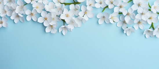 Top view of a light blue background with white spring flowers providing copy space for your text
