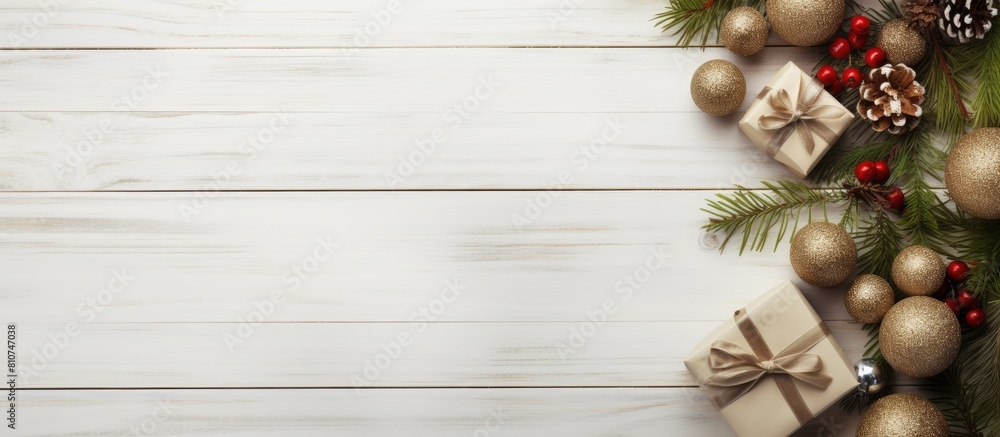 Aufkleber a festive christmas scene featuring decorations gifts and a white wooden board background for your t