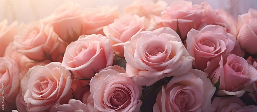 Poster a closeup image of a background with a bouquet of delicate roses provides ample copy space