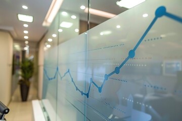 Line Graph Displayed on Glass Screen Wall in Modern Office - Data Analysis, Corporate Strategy, Financial Trends - obrazy, fototapety, plakaty