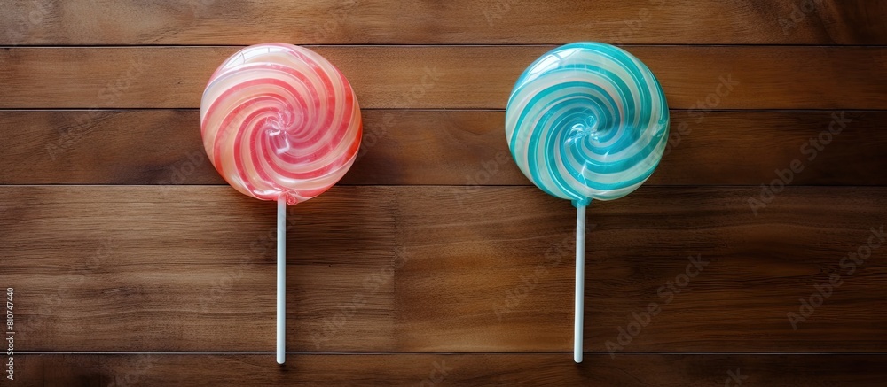 Poster A top down view of two circular lollipops on a wooden table with empty space for text or images. Creative banner. Copyspace image
