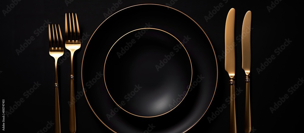 Poster On a black background there is a set of elegant black and gold cutlery including a spoon fork and knife The clean empty black plate adds a touch of luxury to the table setting This top view image pro