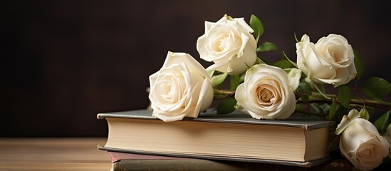 A stack of books with beautiful white roses on top creating a lovely composition for a copy space image