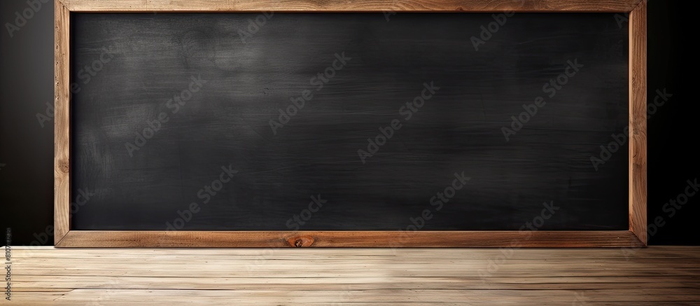 Poster wooden table with a blank chalkboard providing copy space for text and serving as a mock up for prod