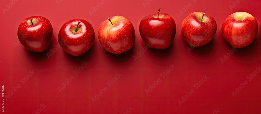 Aufkleber A vibrant image displaying fresh apples arranged in a flat lay composition on a red background with ample space available for adding text