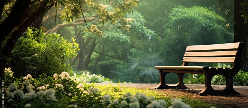 Poster a beautiful wooden bench surrounded by greenery in a peaceful park perfect for relaxing and enjoying