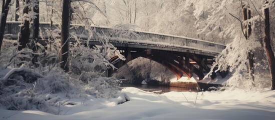 In the forest there is a bridge covered in snow with a building in the background Perfect copy space image