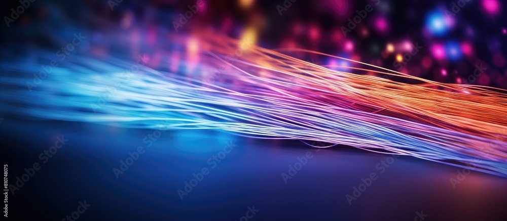 Poster Macro view of optical fiber strands transmitting colorful light with a blurred background leaving ample copy space for text