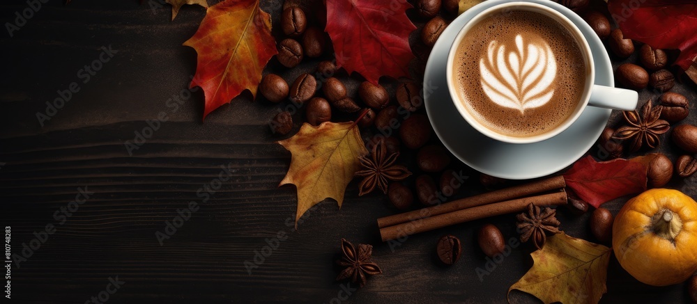Poster autumn flat lay of an organic cup of cocoa topped with cinnamon apples and nuts creating a warming a