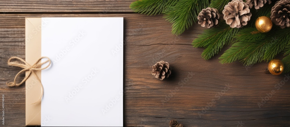 Poster Christmas gift list notepad with spruce twigs and a gift box arranged in a flat lay style on a surface made of oak wood copy space image