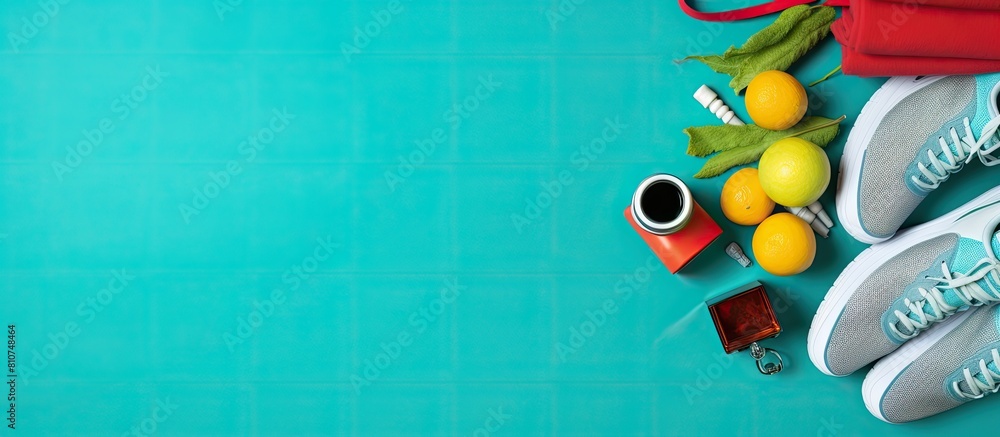 Poster a top down view of fitness accessories showcased on a colorful background with a frame composition r