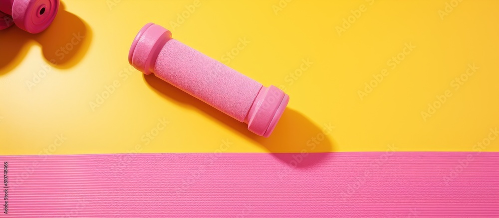 Poster An aerial view of a yellow background featuring a pink sports mat and dumbbells leaving ample room for adding an image