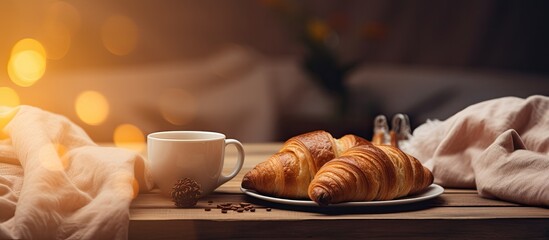 A cozy morning concept featuring a breakfast in bed scene with a copy space image of coffee and croissants